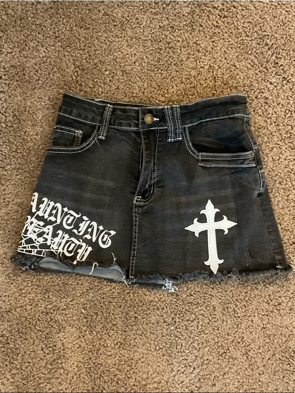 ROMWE Black Distressed Mini Skirt with White Cross Graphic